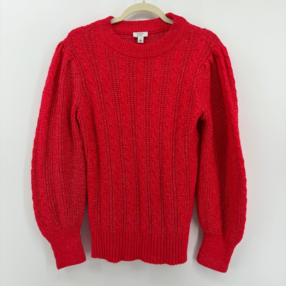 Crown & Ivy Solid Red Cable Knit Puff Sleeve‎ Sweater Women Size Small